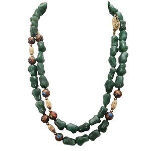 Silver Chinese Export Red Cloisonné, Aventurine Knotted Bead Necklace 30" L E869